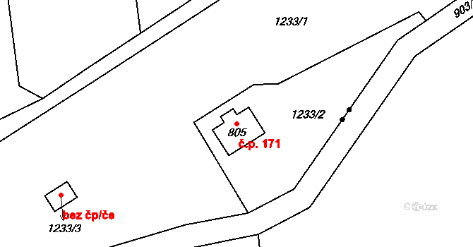 Slavonín 171, Olomouc na parcele st. 805 v KÚ Slavonín, Katastrální mapa