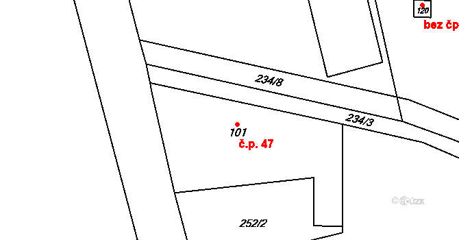 Polní Chrčice 47 na parcele st. 101 v KÚ Polní Chrčice, Katastrální mapa