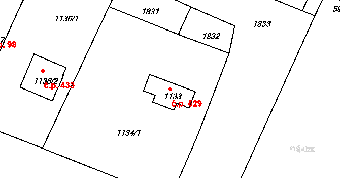 Křimice 529, Plzeň na parcele st. 1133 v KÚ Křimice, Katastrální mapa
