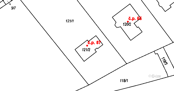 Stradov 57, Chlumec na parcele st. 121/2 v KÚ Stradov u Chabařovic, Katastrální mapa