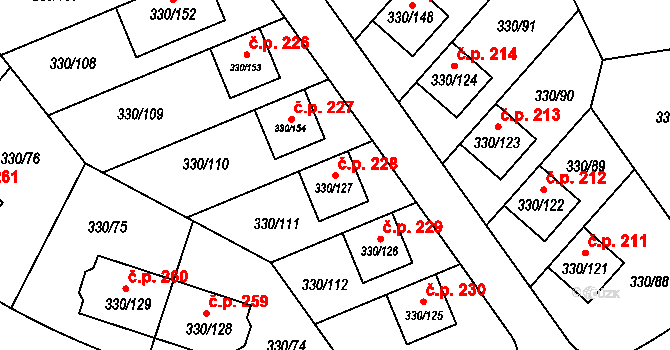 Hlušovice 228 na parcele st. 330/127 v KÚ Hlušovice, Katastrální mapa