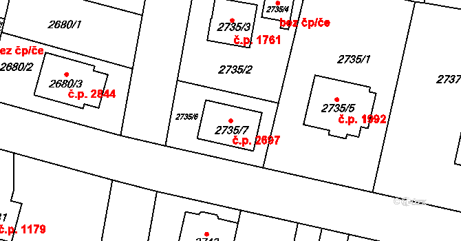 Horní Počernice 2697, Praha na parcele st. 2735/7 v KÚ Horní Počernice, Katastrální mapa