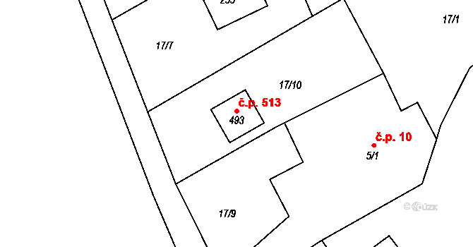 Lubina 513, Kopřivnice na parcele st. 493 v KÚ Drnholec nad Lubinou, Katastrální mapa