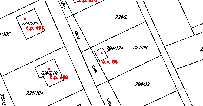 Spořice 58 na parcele st. 724/174 v KÚ Spořice, Katastrální mapa