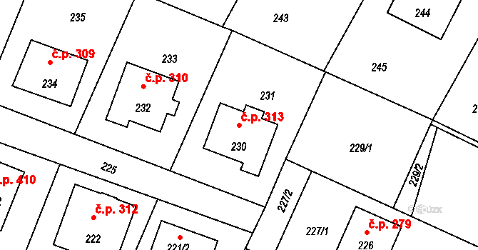 Hvozdná 313 na parcele st. 230 v KÚ Hvozdná, Katastrální mapa