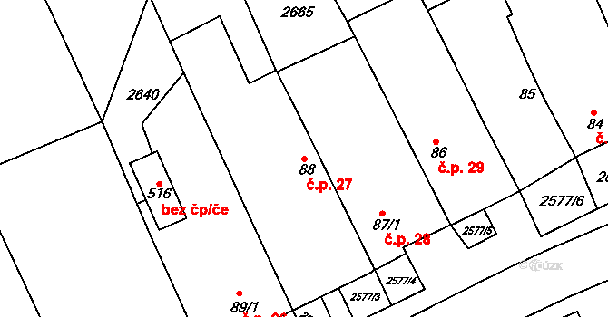 Hrádek na Vlárské dráze 27, Slavičín na parcele st. 88 v KÚ Hrádek na Vlárské dráze, Katastrální mapa