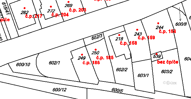 Louky 185, Zlín na parcele st. 250 v KÚ Louky nad Dřevnicí, Katastrální mapa