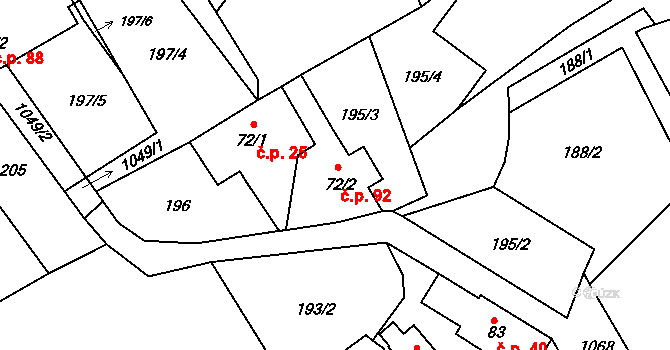 Leskovec 92, Březová na parcele st. 72/2 v KÚ Leskovec u Vítkova, Katastrální mapa