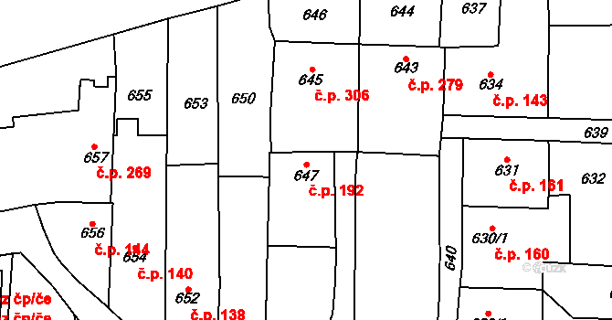 Nýřany 192 na parcele st. 647 v KÚ Nýřany, Katastrální mapa