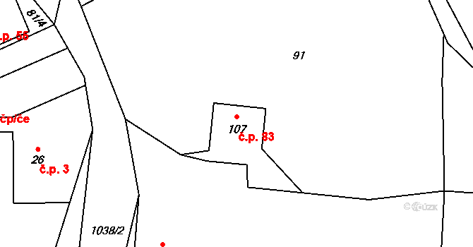 Skelná Huť 83, Chudenín na parcele st. 107 v KÚ Skelná Huť, Katastrální mapa