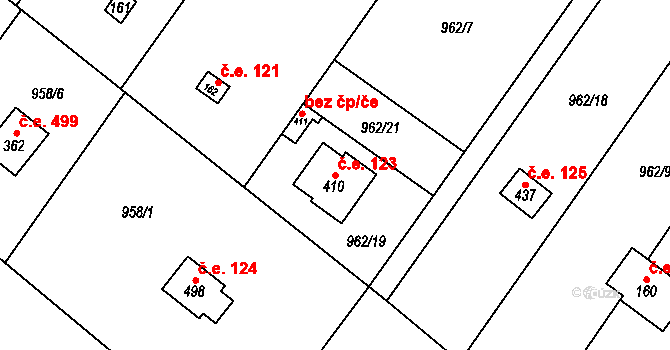 Psáry 123 na parcele st. 410 v KÚ Psáry, Katastrální mapa