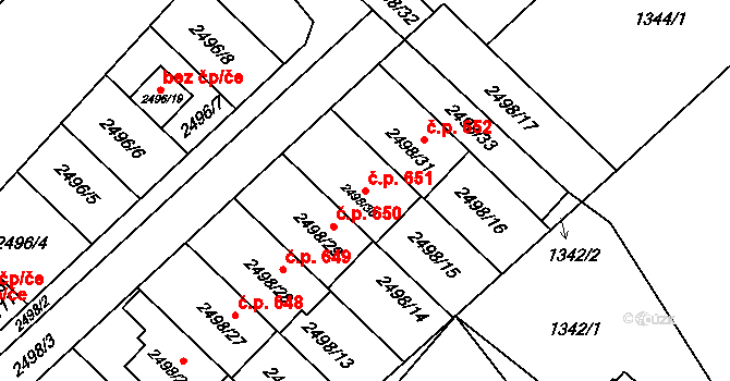 Jedovnice 651 na parcele st. 2498/30 v KÚ Jedovnice, Katastrální mapa