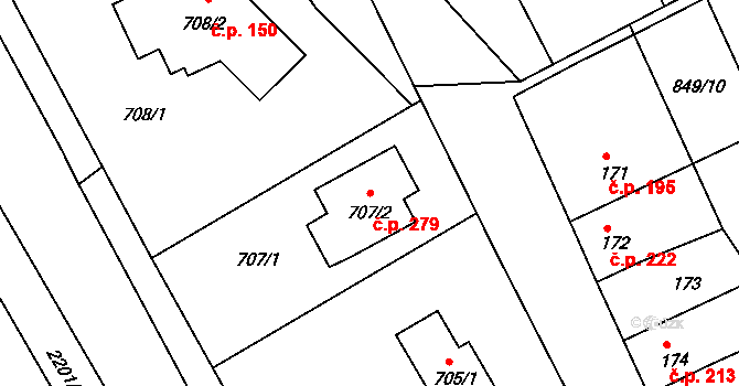 Lovčičky 279 na parcele st. 707/2 v KÚ Lovčičky, Katastrální mapa