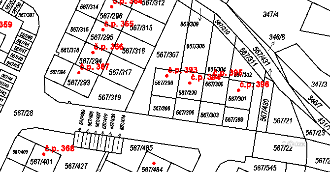 Jinočany 393 na parcele st. 567/298 v KÚ Jinočany, Katastrální mapa