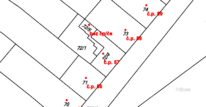 Ratišovice 57, Běhařovice na parcele st. 72/4 v KÚ Ratišovice, Katastrální mapa