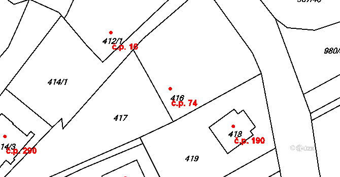 Srubec 74 na parcele st. 416 v KÚ Srubec, Katastrální mapa