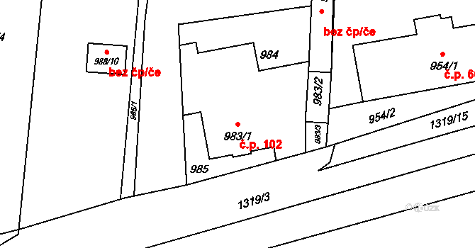 Dolní Líštná 102, Třinec na parcele st. 983/1 v KÚ Dolní Líštná, Katastrální mapa