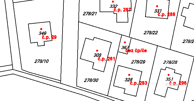 Braškov 261 na parcele st. 308 v KÚ Braškov, Katastrální mapa