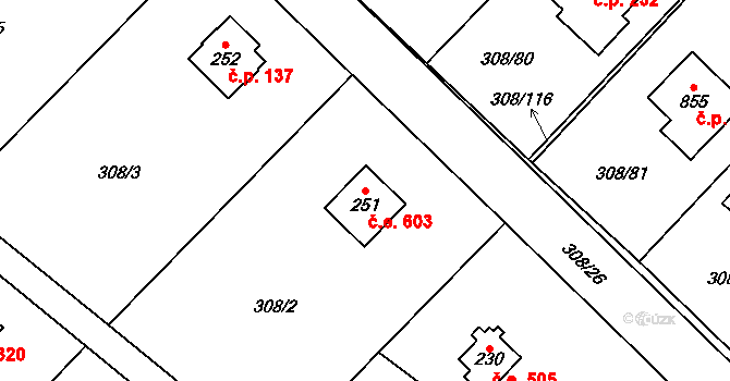 Kamenný Přívoz 603 na parcele st. 251 v KÚ Kamenný Přívoz, Katastrální mapa