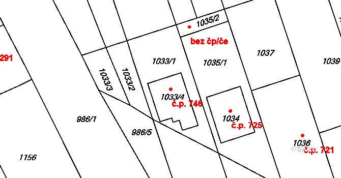 Lužice 746 na parcele st. 1033/4 v KÚ Lužice u Hodonína, Katastrální mapa