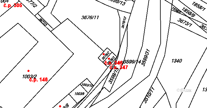 Vyškov-Předměstí 346, Vyškov na parcele st. 3676/2 v KÚ Vyškov, Katastrální mapa