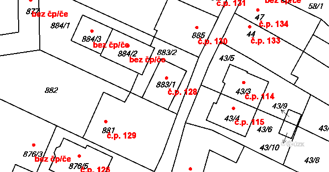 Dačice I 128, Dačice na parcele st. 883/1 v KÚ Dačice, Katastrální mapa