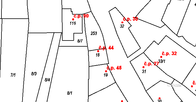 Tážaly 44, Kožušany-Tážaly na parcele st. 18 v KÚ Tážaly, Katastrální mapa