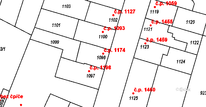 Roudnice nad Labem 1174 na parcele st. 1098 v KÚ Roudnice nad Labem, Katastrální mapa