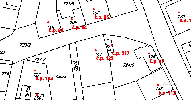 Unčín 122, Krupka na parcele st. 141 v KÚ Unčín u Krupky, Katastrální mapa