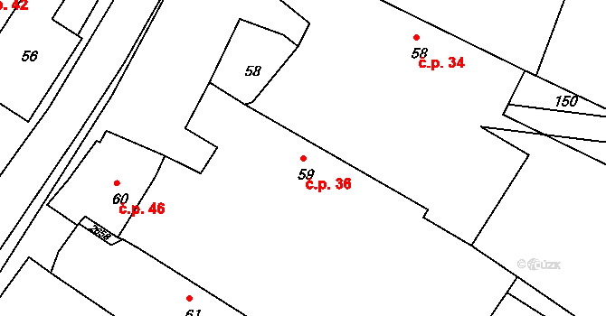 Kouty 36 na parcele st. 59 v KÚ Kouty u Třebíče, Katastrální mapa