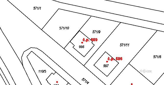 Podklášteří 689, Třebíč na parcele st. 996 v KÚ Podklášteří, Katastrální mapa