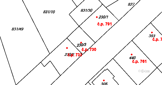 Bakov nad Jizerou 730 na parcele st. 230/3 v KÚ Bakov nad Jizerou, Katastrální mapa