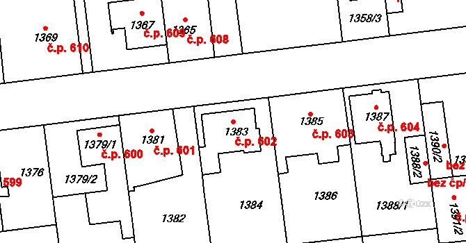 Horní Počernice 602, Praha na parcele st. 1383 v KÚ Horní Počernice, Katastrální mapa