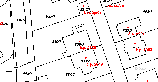 Smíchov 2830, Praha na parcele st. 835/2 v KÚ Smíchov, Katastrální mapa