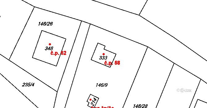 Křižatky 58, Králův Dvůr na parcele st. 333 v KÚ Popovice u Králova Dvora, Katastrální mapa