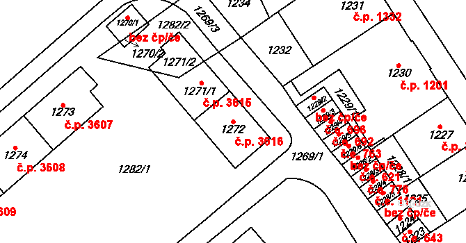 Chomutov 3616 na parcele st. 1272 v KÚ Chomutov I, Katastrální mapa
