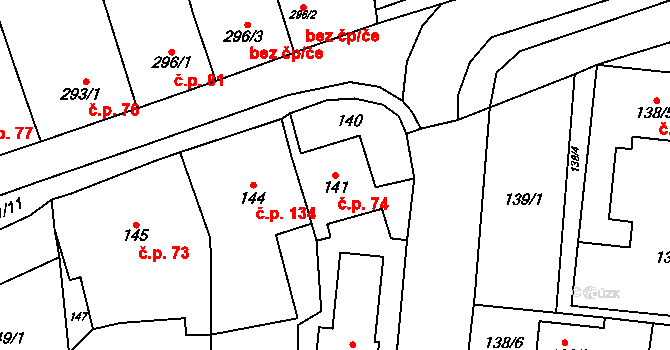 Řeznovice 74, Ivančice na parcele st. 141 v KÚ Řeznovice, Katastrální mapa