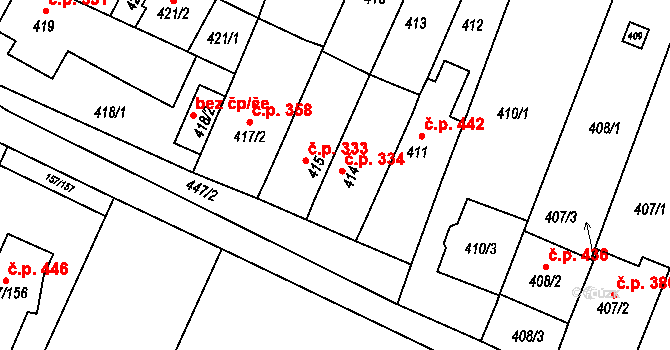Rajhradice 334 na parcele st. 414 v KÚ Rajhradice, Katastrální mapa