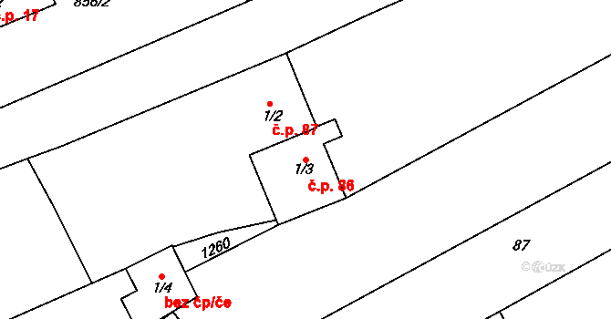 Keblov 86 na parcele st. 1/3 v KÚ Keblov, Katastrální mapa