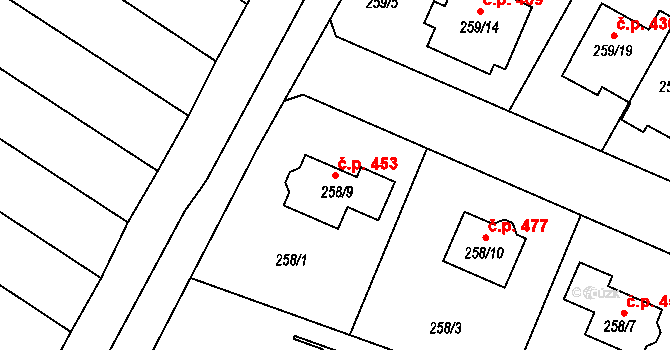 Malé Hoštice 453, Opava na parcele st. 258/9 v KÚ Malé Hoštice, Katastrální mapa