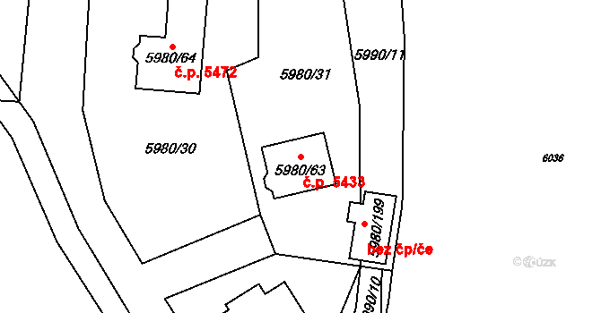Chomutov 5433 na parcele st. 5980/63 v KÚ Chomutov I, Katastrální mapa
