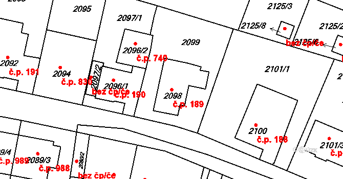 Jemnice 189 na parcele st. 2098 v KÚ Jemnice, Katastrální mapa
