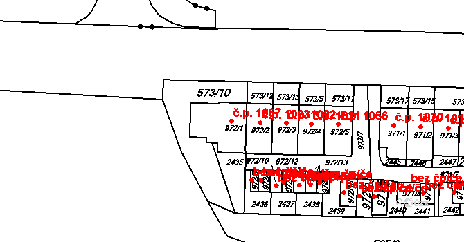 Borovina 1067, Třebíč na parcele st. 972/1 v KÚ Třebíč, Katastrální mapa