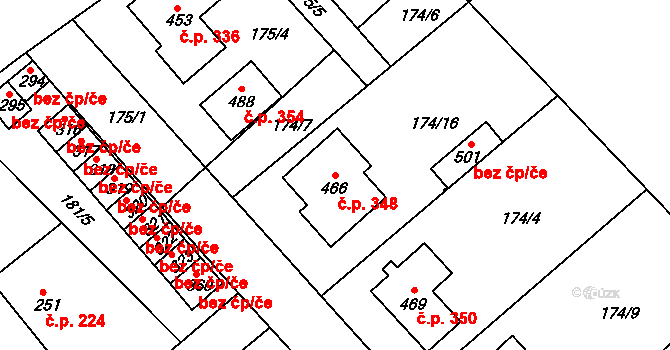 Rosice 348 na parcele st. 466 v KÚ Rosice u Chrasti, Katastrální mapa