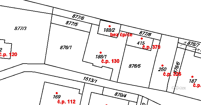Hanušovice 130 na parcele st. 188/1 v KÚ Hanušovice, Katastrální mapa