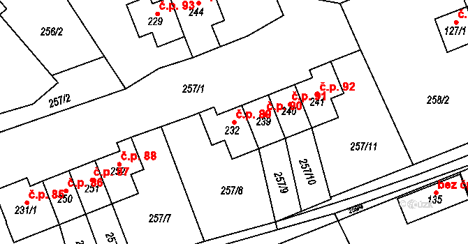 Libeř 89 na parcele st. 232 v KÚ Libeř, Katastrální mapa