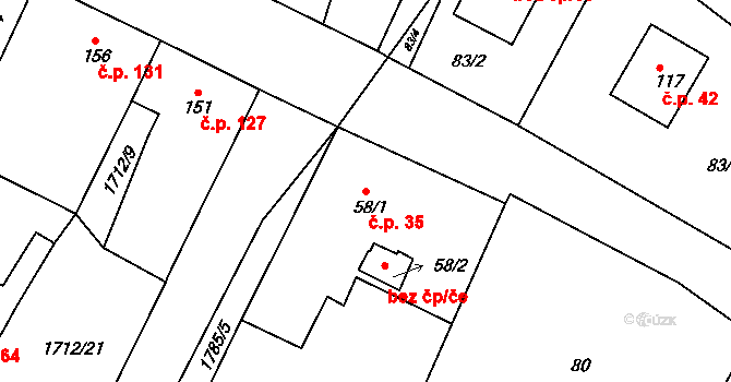 Mokrouše 35 na parcele st. 58/1 v KÚ Mokrouše, Katastrální mapa