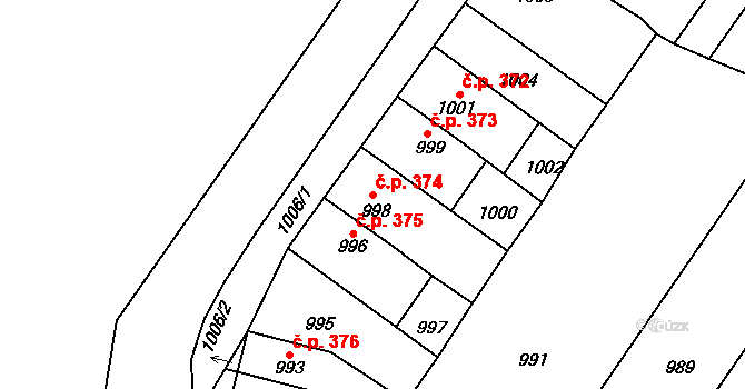 Rájec 374, Rájec-Jestřebí na parcele st. 998 v KÚ Rájec nad Svitavou, Katastrální mapa
