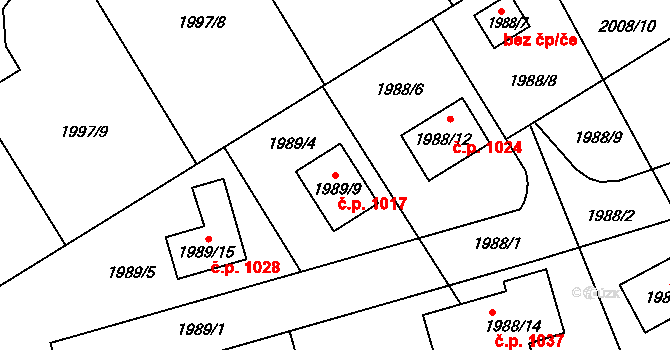 Hrabová 1017, Ostrava na parcele st. 1989/9 v KÚ Hrabová, Katastrální mapa