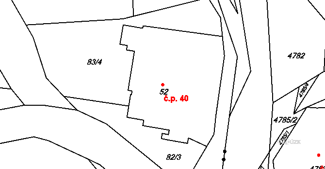 Pivonín 40, Zábřeh na parcele st. 52 v KÚ Pivonín, Katastrální mapa